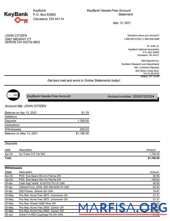 Realistic USA Ohio KeyBank bank statement excel download for verification